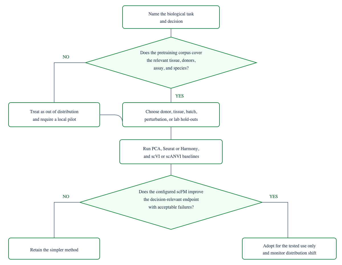Decision path for evaluating a single-cell foundation model against biological fit and strong classical baselines.